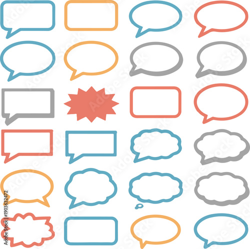 Assorted chat boxes and thought bubbles in various pastel colors arranged in grid for digital communication art.