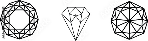 Geometric diamond line icon set featuring gemstone shapes, luxury jewelry symbols, crystal outlines, minimal vector illustration collection isolated