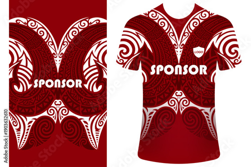 Trendy Polynesian Tribal Sport T-Shirt Design Template with Cultural Motifs, Red Sports Jersey, Ready to Print Template.  Unique Style Brand Jersey, Sportwear kit Vector Template, Dress.