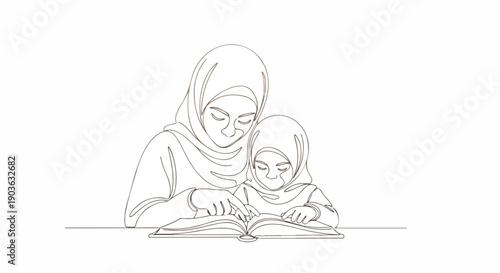 Continuous line drawing of a mother and daughter wearing hijabs, reading a book together, symbolizing education and family bond