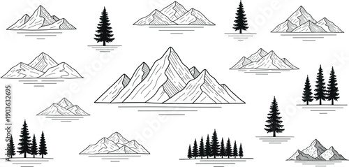 Black line art silhouette set of mountain ranges, peaks and pine trees for nature, wilderness and outdoor landscape design isolated on white background