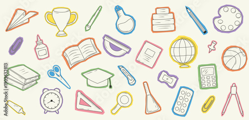 Hand drawn school supplies doodle set with colorful outlines on beige background