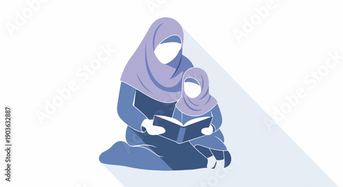 Muslim mother and child in hijab reading book together. Islamic family education, learning, and bonding time. Flat vector illustration.