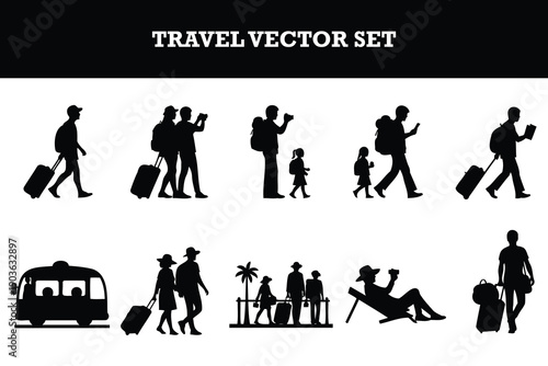 Travelthemed vector silhouette set showcasing various vacation and journey activities with people and luggage isolated