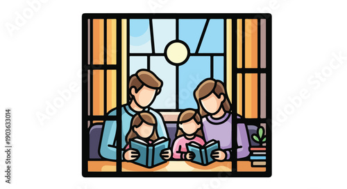 Loving family with parents and two daughters reading books side-by-side, promoting education and bonding in a comfortable home environment.