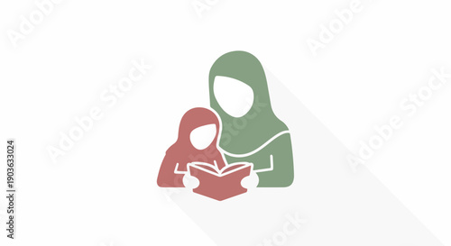 Muslim mother and child reading a book, wearing hijabs. Flat vector illustration of Islamic education, family values, and cultural learning.