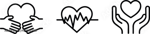 Heart care and love line icon set showing compassion, heartbeat, support, healthcare, charity, wellness symbols minimal vector illustration