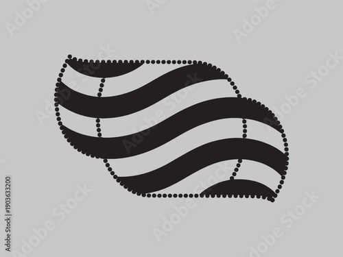 Abstract black and white striped pattern forming a flowing, wave-like shape bordered by dots, suggesting digital art or fabric design.