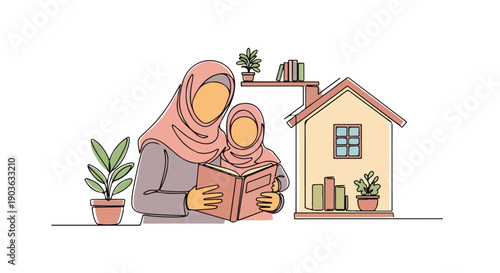 Continuous line art illustration of a Muslim mother and daughter reading a book together at home, fostering education and family bonding.