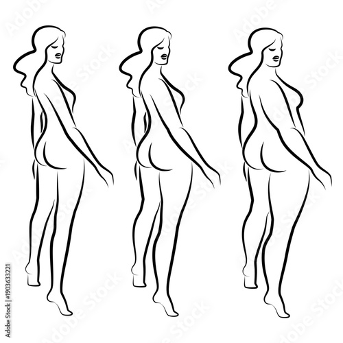 Collection. Silhouette of a beautiful woman figure. The lady is standing. The girl is thin, slender, and the woman is fat. Set of vector illustrations.
