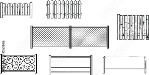Black line collection of fences, gates and garden barriers including picket, metal, mesh and decorative rail designs isolated on white background