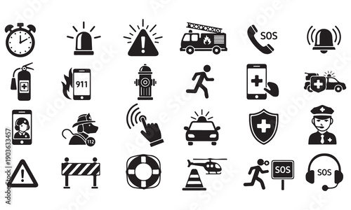 Emergency, Communication, and Internet Icon Set – Black Vector Symbols for Alert, Wi-Fi, and Mobile Connection Concepts