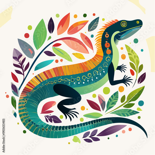 A vibrant artistic nature design featuring a stylized reptile and colorful botanical elements