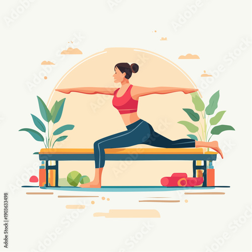 Woman practicing yoga in warrior pose outdoors with plants and sun