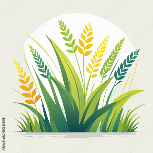 Vibrant green grass and golden wheat stalks swaying gently in a soft breeze