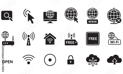 Emergency, Communication, and Internet Icon Set – Black Vector Symbols for Alert, Wi-Fi, and Mobile Connection Concepts