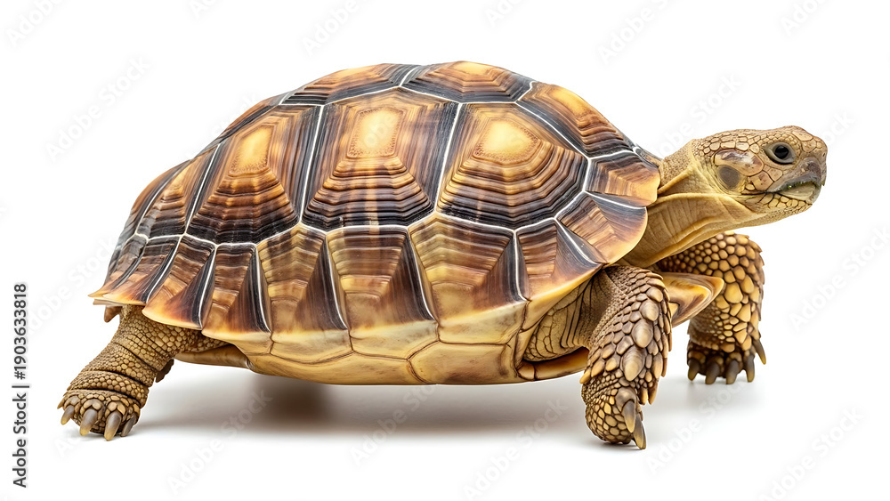 Obraz premium Large brown tortoise with textured shell walking slowly on white background showing detailed legs and neck in clear studio lighting for nature study