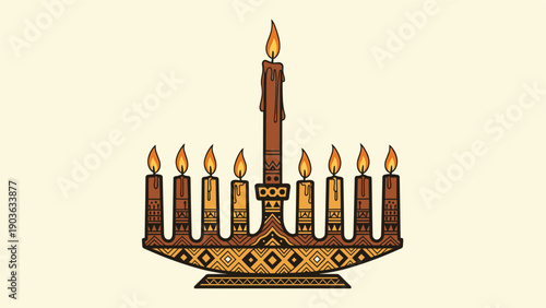 Elaborately decorated traditional Hanukkah menorah with intricate tribal patterns and nine lit candles on beige.