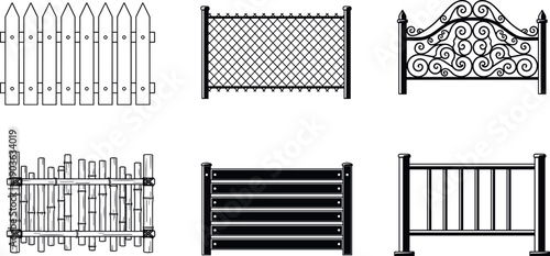 Black line collection of garden fences and gates including picket, metal, mesh, wooden and decorative barrier designs isolated on white background
