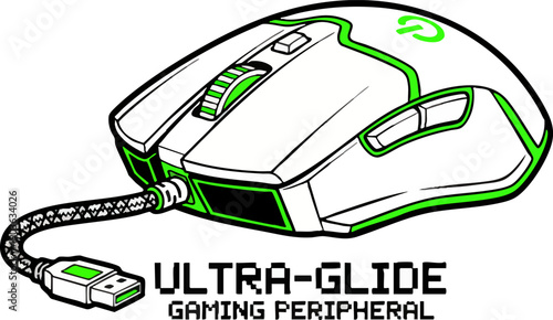 Detailed vector graphic of a high-performance wired gaming mouse.