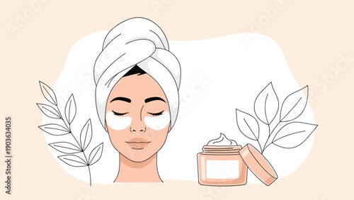 Young woman with a towel on her head and patches under her eyes next to a jar of face cream for beauty care concept.