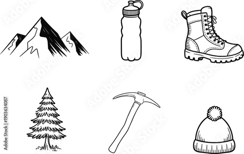 Outdoor adventure camping line icon set with mountain boot bottle tree axe winter hat minimal vector illustration