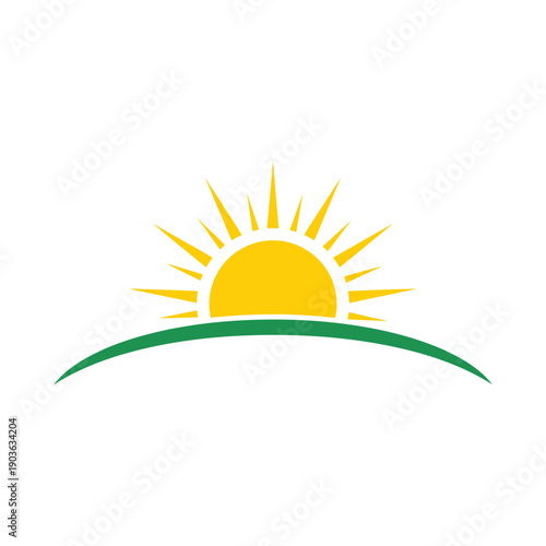A stylized yellow sun rising over a green hill or horizon
