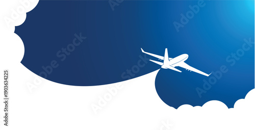 White plane silhouette in blue sky flying above clouds to sun direct. Vector background template for webpage header