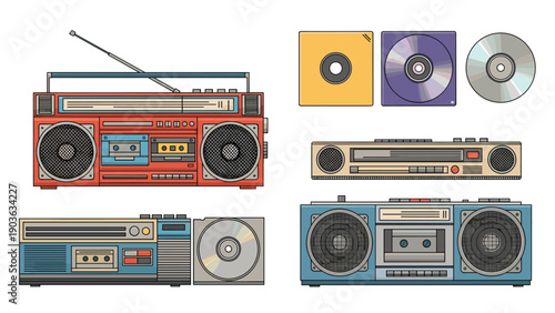Collection of vintage audio equipment including boomboxes, cassette tapes, and compact discs in a retro pixel art style.