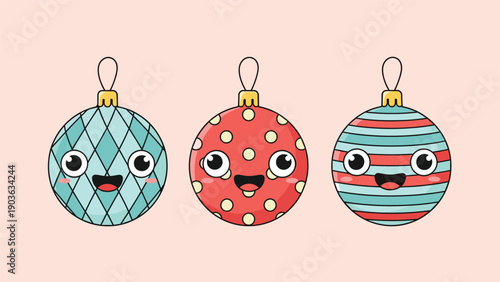 Set of three adorable round Christmas ornaments with cute faces and different patterns in festive red and blue.