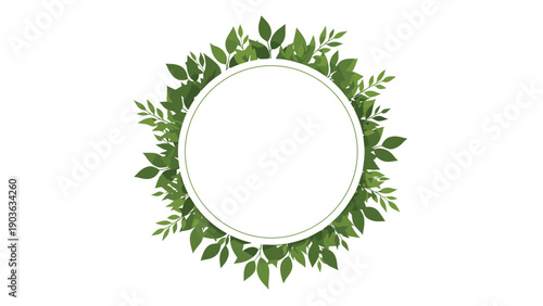 Lush circular frame composed of various green leaves of different shapes and sizes on a white background for text.