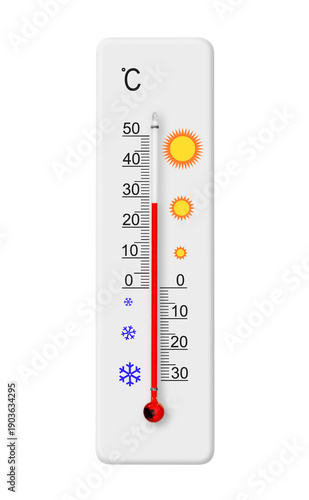 Celsius scale thermometer isolated on transparent background. Ambient temperature plus 28 degrees