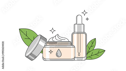 Elegant set of skincare products including a jar of face cream and a dropper bottle of serum with green leaves.