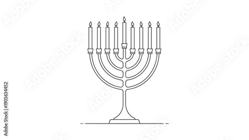 Traditional Hanukkah menorah with nine lit candles in a simple black and white line art style for holiday celebration.