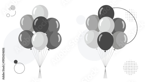 Two bunches of round balloons in various shades of grey arranged as decorative elements on a textured background.