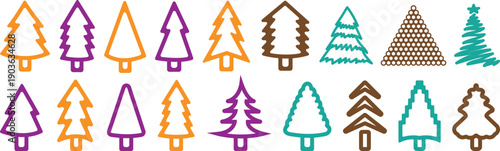 Environmental Icon Set Featuring Colorful Trees and Wooden Trunks with Leaf Graphics in Flat Design