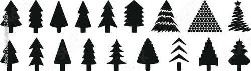 Black Nature and Ecology Tree Icon Collection with Wooden Details and Vibrant Leaf Elements