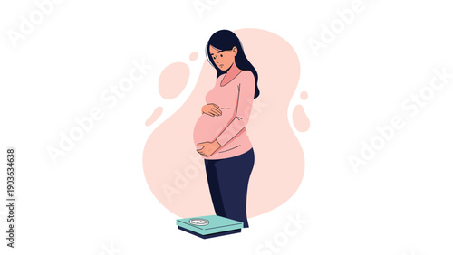 Concerned pregnant woman in pink top and dark pants standing on a weight scale against a soft abstract background.