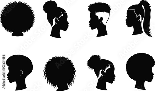 Black female hairstyle silhouettes collection, afro buns ponytails profiles, minimalist beauty fashion avatar heads vector illustration set modern diverse salon design