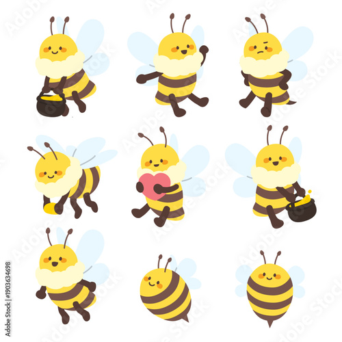 Collection of cute honey bee characters in various poses