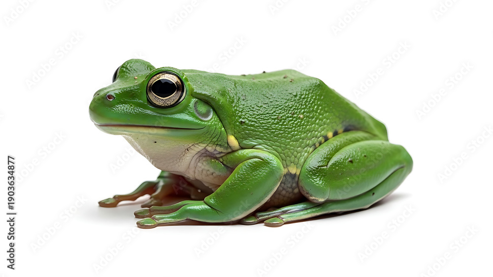 Obraz premium Vibrant green tree frog posing still against white studio background with simple composition and soft light