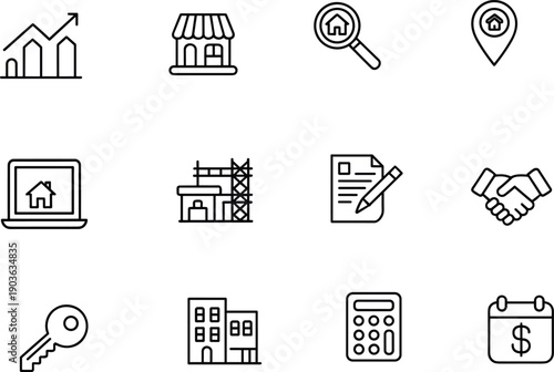 Real estate business line icon set with property home search contract finance construction minimal outline vector illustration