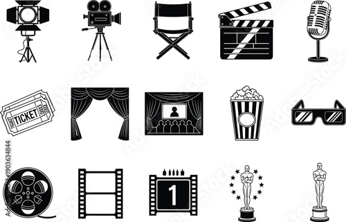 Cinema and film production icon set, black movie equipment silhouettes collection, theater, filmmaking tools, entertainment symbols, vector illustration, isolated, minimalist style