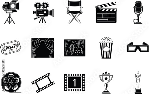 Cinema and movie production icon set, black film equipment symbols collection, filmmaking, theater, entertainment elements, vector illustration, isolated, minimalist, design