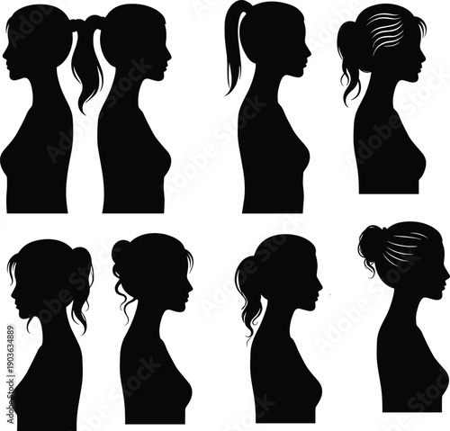 Female head profile silhouettes set, woman side view black vector illustration with different hairstyles for avatar beauty fashion people icons isolated