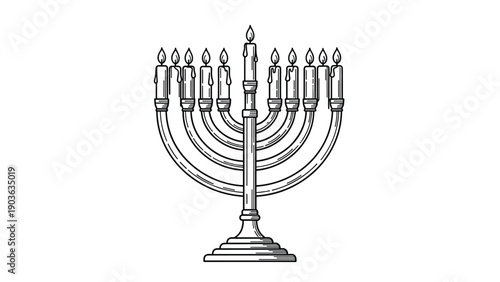 Black and white line art illustration of a traditional Jewish menorah with nine lit candles for Hanukkah celebration.
