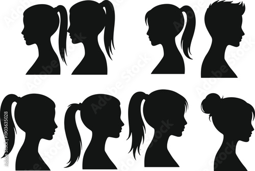 Male and female head profile silhouettes set, side view black vector illustration with different hairstyles for avatar identity people icons isolated