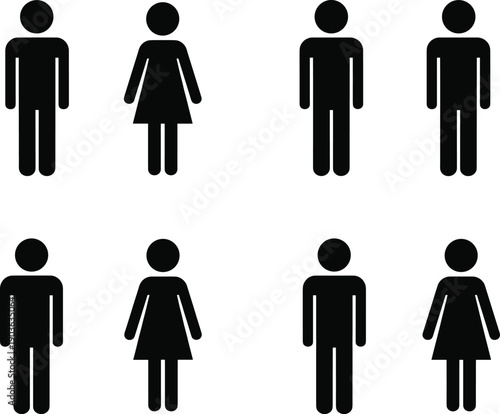 Male and female restroom people icons, simple human silhouettes, gender symbols set, minimal flat vector illustration for signage, infographic, UI design use