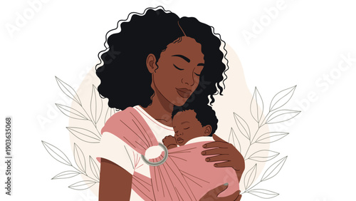 Beautiful black woman carrying her sleeping baby in a pink ring sling with delicate leaves in the background.