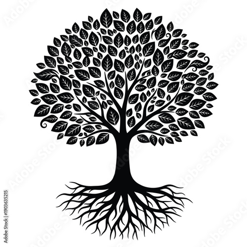 A symmetrical tree illustration composed of numerous black leaves